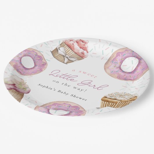 スウィート小さな女の子ピンクカップケーキ&ドーナツ赤ちゃんシャワー ペーパープレート (アングル)