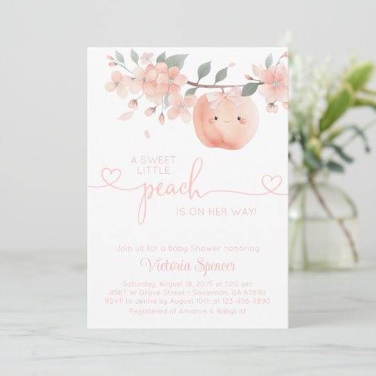スウィート小さな女の子ピーチベビーシャワー 招待状 (スタンド正面)