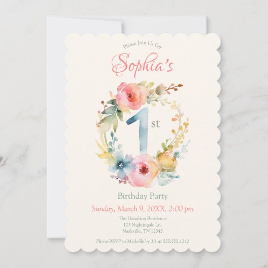 スウィート春フローラファースト誕生日 招待状 (正面)