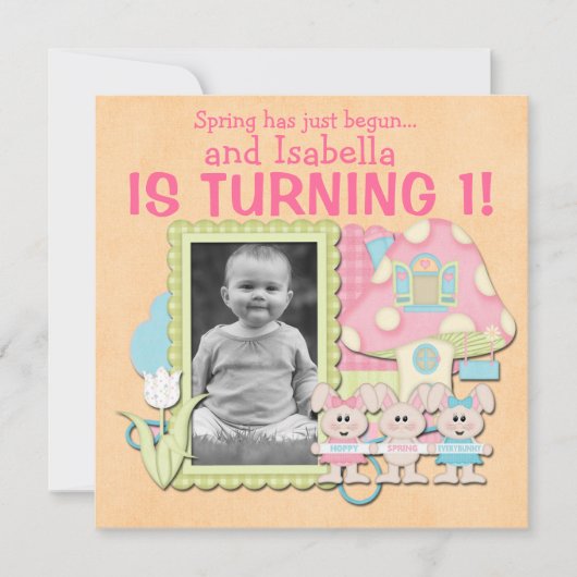 スウィート春ブンニースファースト誕生日 招待状 (正面)