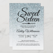 スウィート淡い色の16ブルーグリッターグラデーション16番目誕生日 招待状 (正面/裏面)