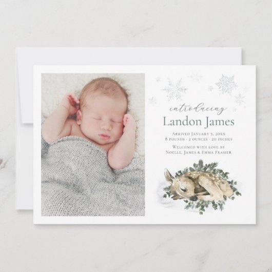 スウィート生まれたばかりのディアブルーグリーン男の赤ちゃんフォト誕生 案内状 (正面)