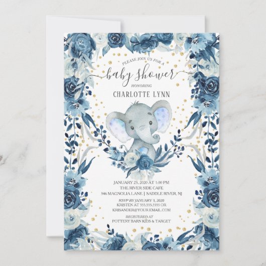 スウィート男の赤ちゃんゾウ赤ちゃんシャワー 招待状 (正面)