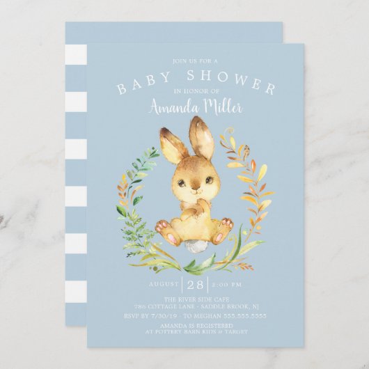 スウィート男の赤ちゃんバニーベビーシャワー 招待状 (正面/裏面)