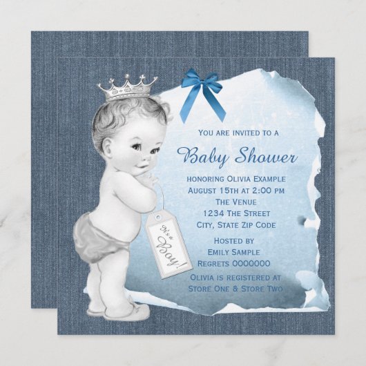 スウィート男の赤ちゃんブルーデニムベビーシャワー 招待状 (正面/裏面)