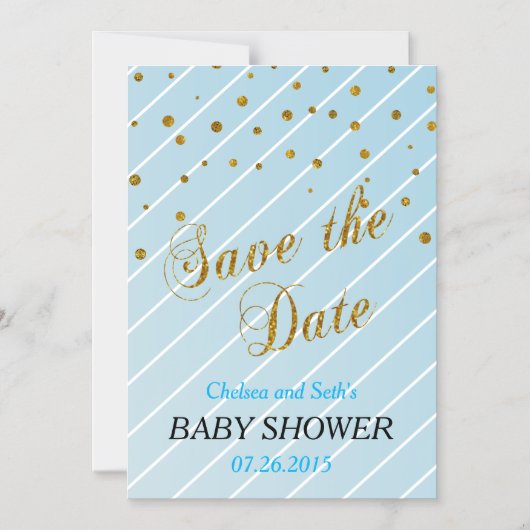 スウィート男の赤ちゃんブルー&金ゴールド紙吹雪 |赤ちゃんシャワー マグネット招待状 (正面)