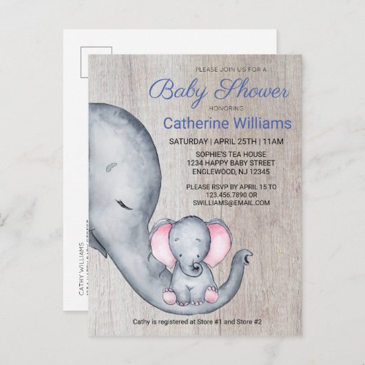 スウィート素朴エレファントブルーボーイベビーシャワー招待状 インビテーションポストカード (正面/裏面)