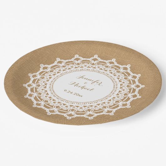 スウィート素朴バーラップルックアンドホワイトレース結婚ズ ペーパープレート (アングル)