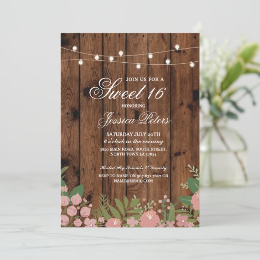 スウィート素朴16パーティーコーラルフローラウッド招待状 招待状 (スタンド正面)