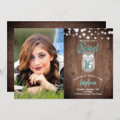 スウィート素朴16メイスンジャールライトティール(緑がかった色)誕生日 招待状 (正面/裏面)