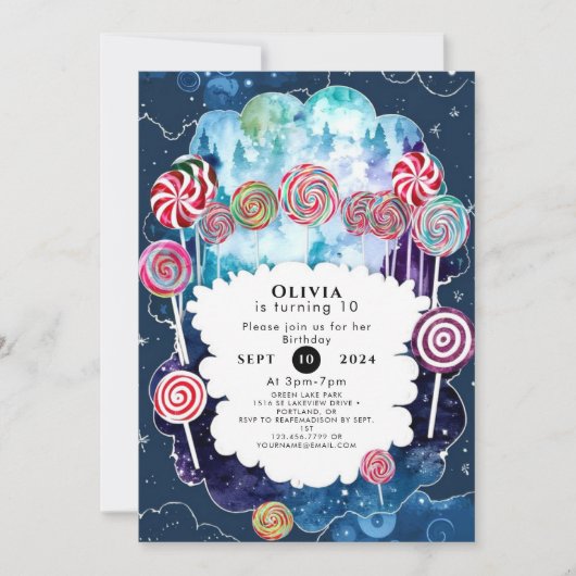 スウィート編集可能キャンディランド誕生日 招待状 (正面)