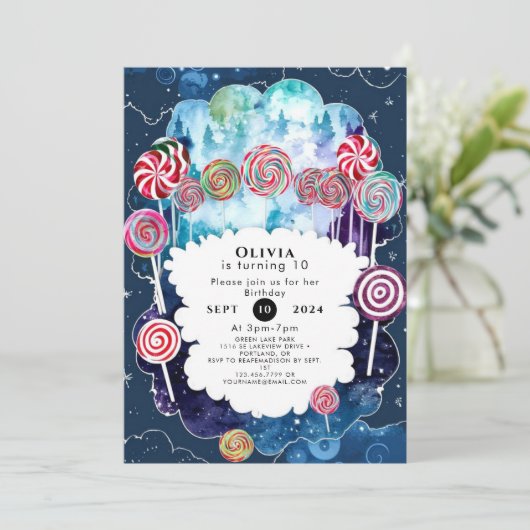 スウィート編集可能キャンディランド誕生日 招待状 (スタンド正面)