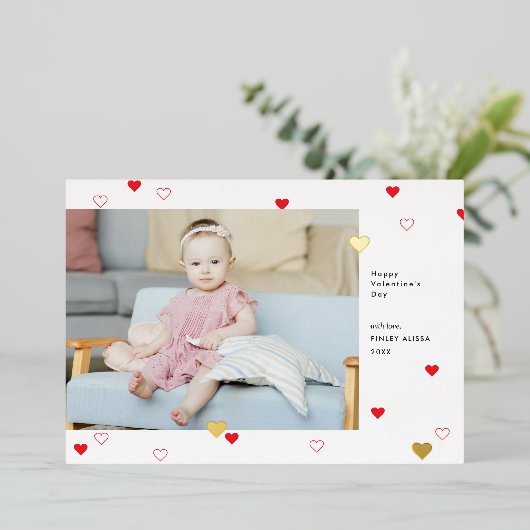 スウィート赤いハートハッピーバレンタインデー写真 箔招待状 (立ち正面)