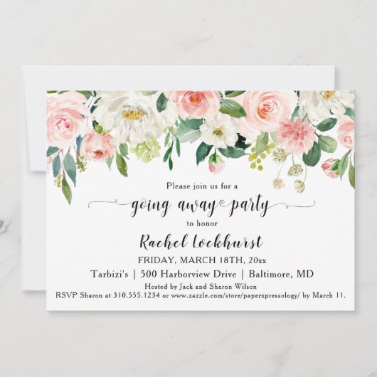 スウィート赤面ピンクフローラブーケ遠くにパーティー 招待状 (正面)