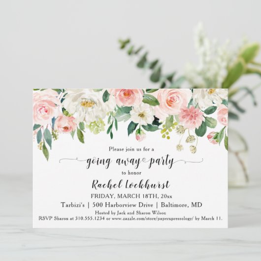 スウィート赤面ピンクフローラブーケ遠くにパーティー 招待状 (スタンド正面)