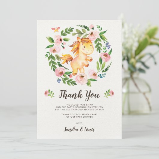 スウィート赤面ピンクフローラベビーホースサンキューカード 招待状 (スタンド正面)