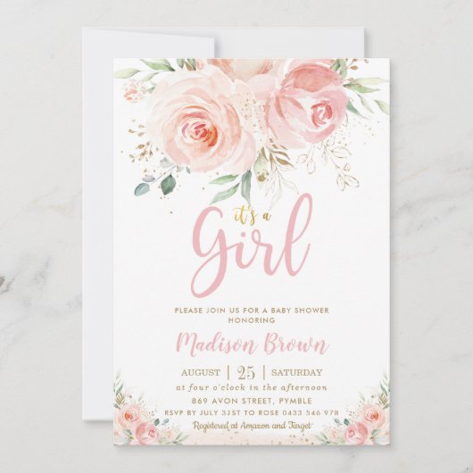 スウィート赤面ピンクフローラ金ゴールドガールベビーシャワー 招待状 (正面)