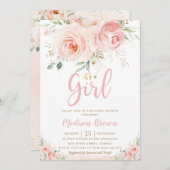 スウィート赤面ピンクフローラ金ゴールドガールベビーシャワー 招待状 (正面/裏面)