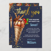 スウィート金ゴールドチョコレートアイスクリーム誕生日ネイビーブルー サンキューカード (正面/裏面)