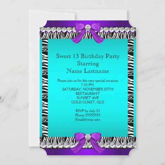 スウィート13おもしろいパーティーゼブラティール（緑がかった色）ブルーパープルチケット2 招待状 (裏面)