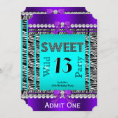 スウィート13おもしろいパーティーゼブラティール(緑がかった色)ブルーパープルチケット2 招待状 (正面/裏面)