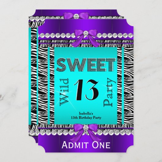 スウィート13おもしろいパーティーゼブラティール（緑がかった色）ブルーパープルチケット2 招待状 (正面/裏面)