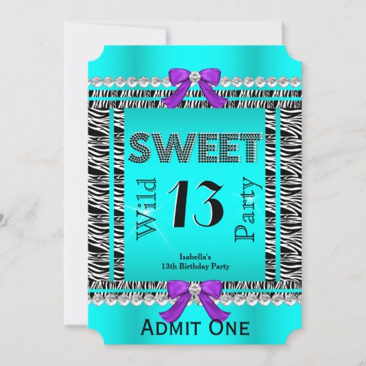 スウィート13おもしろいパーティーゼブラティール(緑がかった色)ブルーパープルチケット 招待状 (正面)