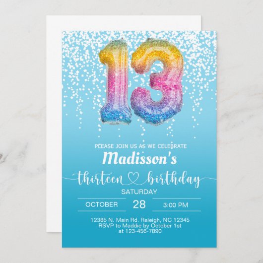 スウィート13ターコイズ女の子の誕生日招待状。 招待状 (正面/裏面)