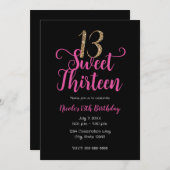 スウィート13ピンクブラック金ゴールド13歳の誕生日パーティー 招待状 (正面/裏面)