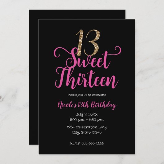 スウィート13ピンクブラック金ゴールド13歳の誕生日パーティー 招待状 (正面/裏面)