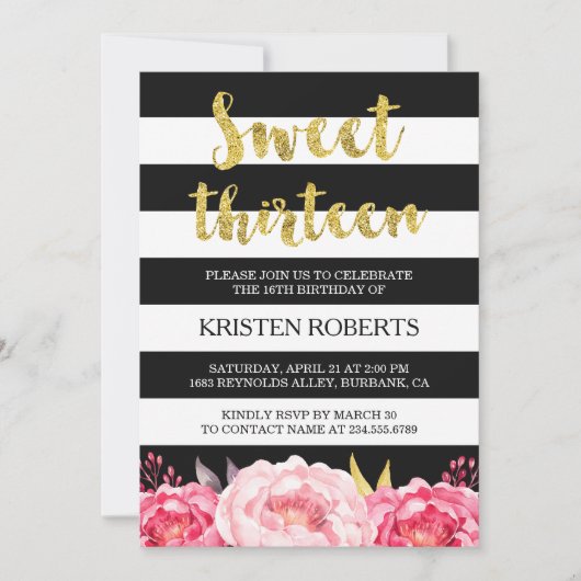 スウィート13誕生日フローラ金ゴールドストライプ白黒 招待状 (正面)