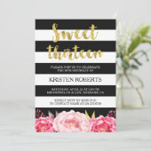 スウィート13誕生日フローラ金ゴールドストライプ白黒 招待状 (スタンド正面)