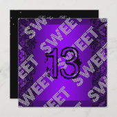 スウィート13 13歳の誕生日 パープル ブラックレース グランジ 招待状 (正面/裏面)
