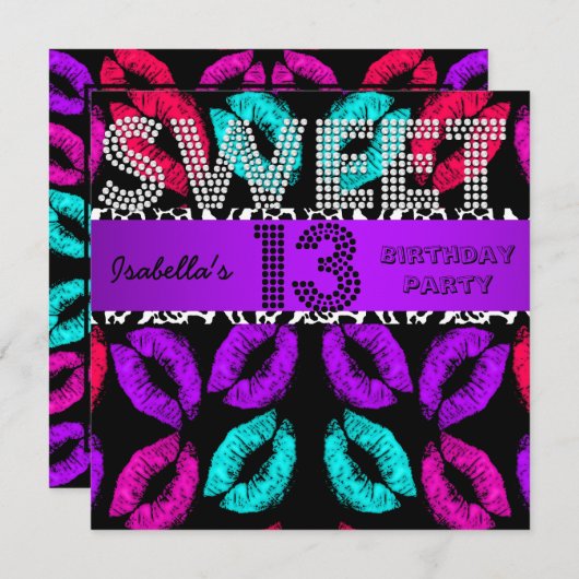スウィート13 13歳の誕生日 リップ 牛 紫 黒 招待状 (正面/裏面)