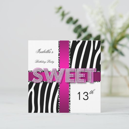 スウィート13 13誕生日ゼブラカウピンク白黒 招待状 (スタンド正面)