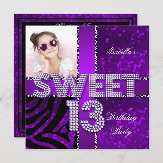 スウィート13 13誕生日ゼブラグリッターパープルブラック 招待状 (正面/裏面)