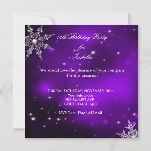 スウィート13 13誕生日パープルウィンターワンダーランド 招待状 (裏面)