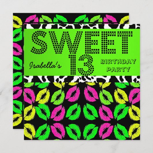 スウィート13 13誕生日リップクワライムピンクブラック 招待状 (正面/裏面)