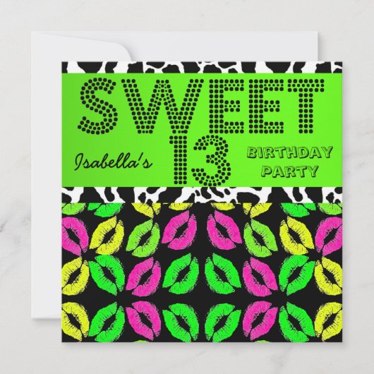 スウィート13 13誕生日リップクワライムピンクブラック 招待状 (正面)