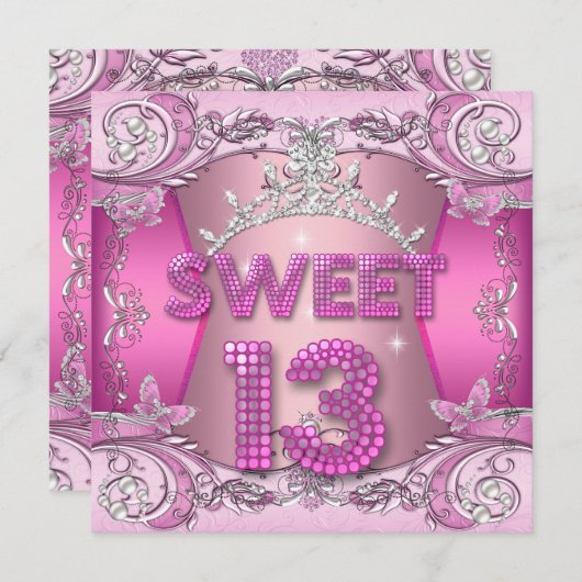 スウィート13 13th誕生日パーティーピンクシルバーティアラ 招待状 (正面/裏面)