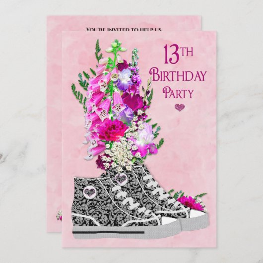 スウィート13thバースデーパーティーへの招待、スニーカー 招待状 (正面/裏面)