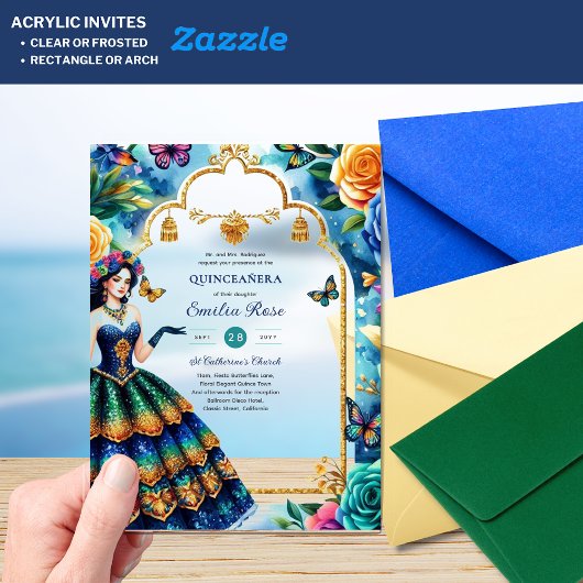 スウィート15キンセアニェラ蝶フィエスタフラワーズ アクリル招待状