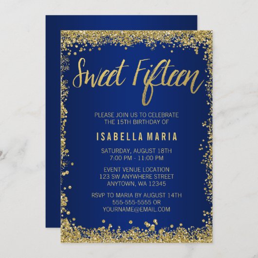 スウィート15ブルー金ゴールドグリッターキンセアニェラ誕生日 招待状 (正面/裏面)