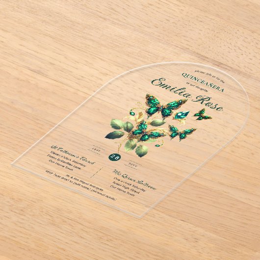 スウィート15蝶キンセアニェラエメラルドグリーン金ゴールド アクリル招待状 (レイダウン)