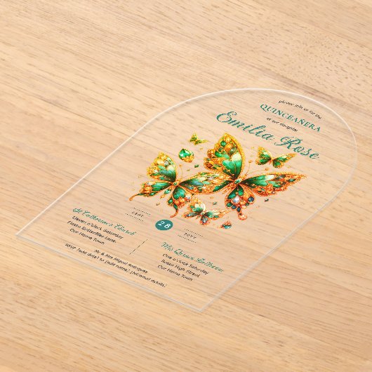 スウィート15蝶キンセアニェラエメラルドグリーン金ゴールド アクリル招待状 (レイダウン)