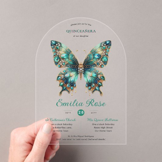 スウィート15蝶キンセアニェラティール（緑がかった色）金ゴールドダイヤモンド アクリル招待状 (インサイチュ (ポータブル))