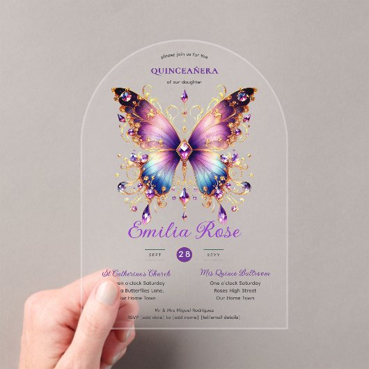 スウィート15蝶キンセアニェラパープルブルー金ゴールド アクリル招待状 (インサイチュ (ポータブル))