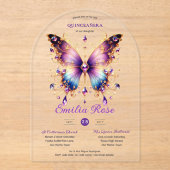 スウィート15蝶キンセアニェラパープルブルー金ゴールド アクリル招待状 (正面)