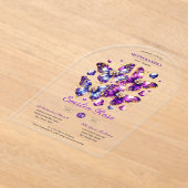 スウィート15蝶キンセアニェラパープルブルー金ゴールド アクリル招待状 (レイダウン)