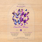 スウィート15蝶キンセアニェラパープルブルー金ゴールド アクリル招待状 (正面)